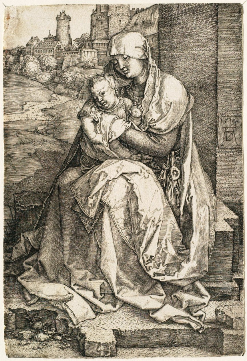 Die Jungfrau mit dem Kind, an der Mauer sitzend von Albrecht Dürer