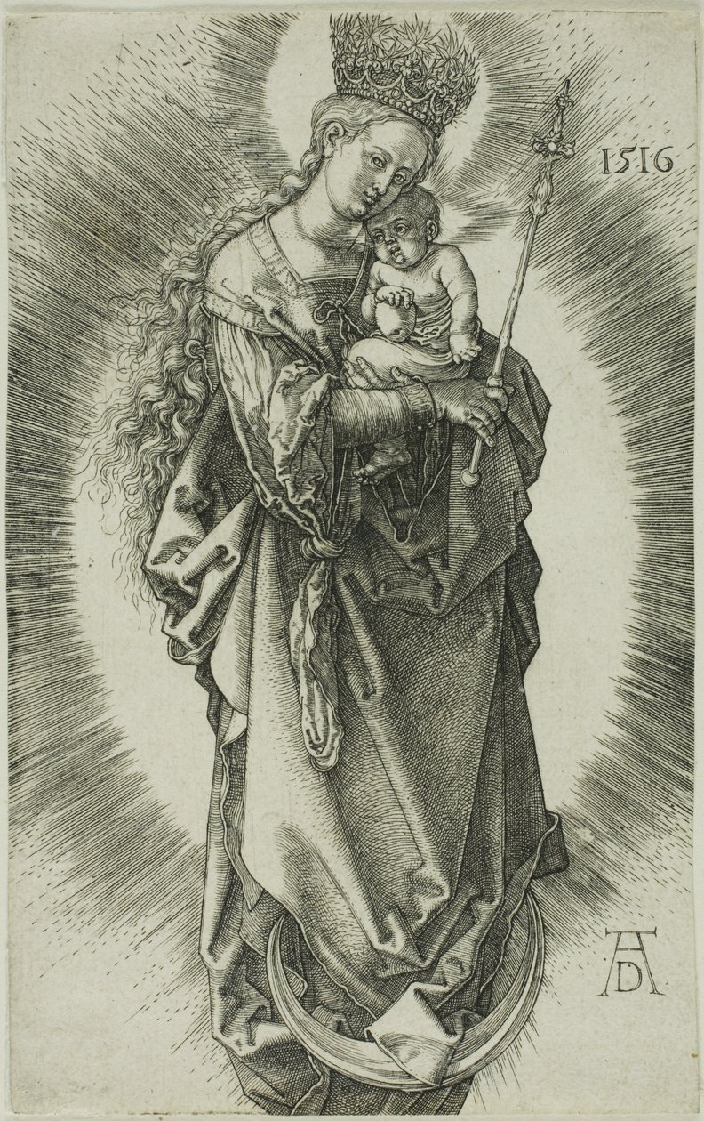 Die Jungfrau auf einer Mondsichel mit einem Sternenkranz und einem Zepter von Albrecht Dürer