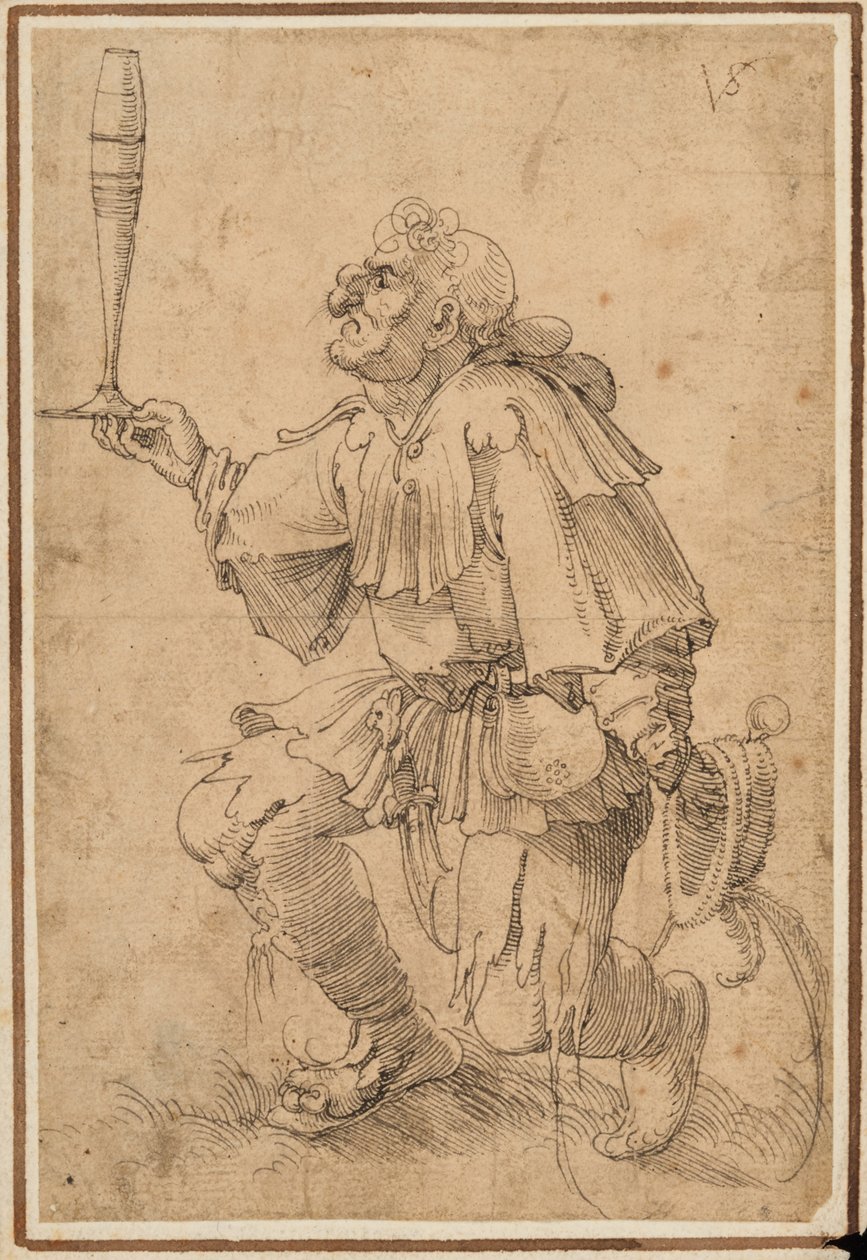 Ein grotesker Mann kniet und hält ein hohes Bierglas am Boden von Albrecht Dürer