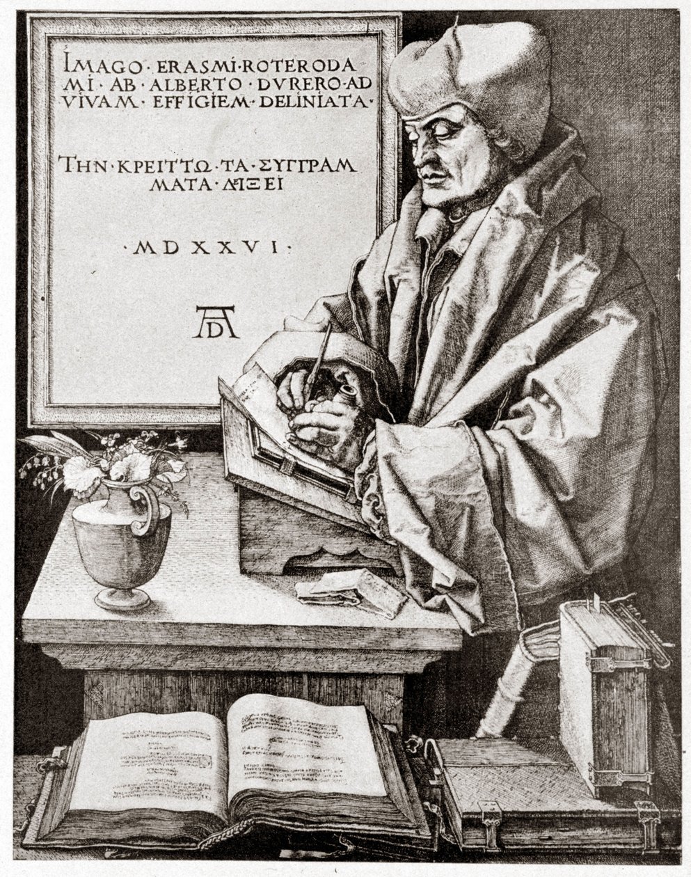 Erasmus beim Schreiben - Gravur von Albrecht Dürer, reproduziert Anfang des 20. Jahrhunderts. von Albrecht Dürer