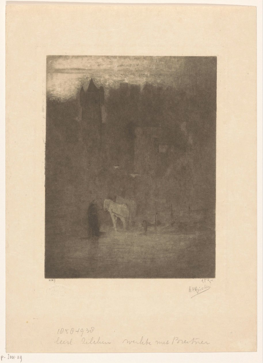 Figur und zwei Pferde bei einem Schloss im Nebel von Albrecht Felix Reicher (signed by artist)