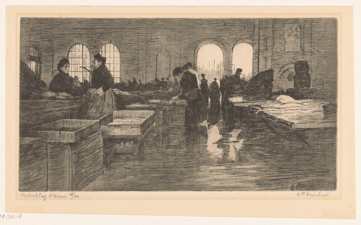 Innenansicht des Fischmarktes am Nieuwmarkt in Amsterdam von Albrecht Felix Reicher (signed by artist)
