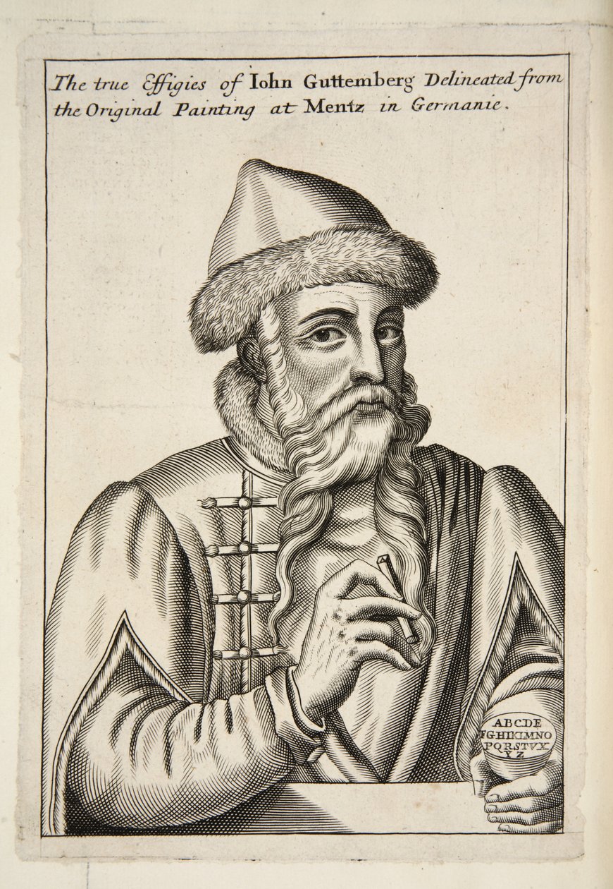 Johannes Gutenberg, aus Mechanick Exercises: or The Doctrine of Handy-Works applied to the Art of Printing, veröffentlicht 1683 von Albrecht after Mentz