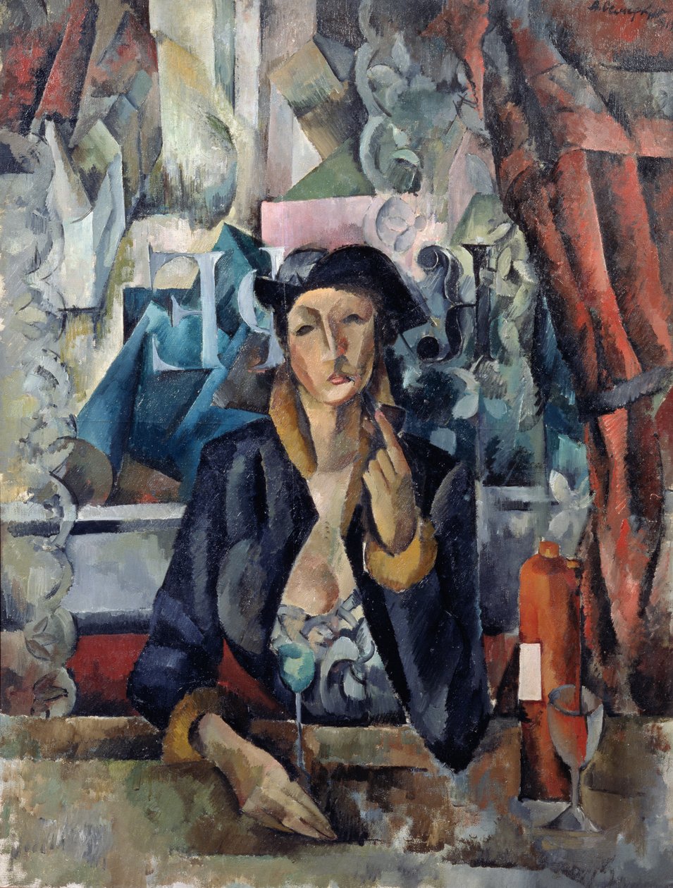 Porträt der Frau des Künstlers in einem Café von Aleksandr Aleksandrovich Osmerkin