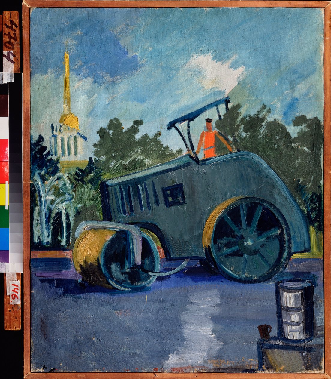 Die Asphaltierung. (Eine Maschine trägt Asphalt auf eine Straße auf). Gemälde von Alexander Isaakovich Rusakov (1898-1952), Öl auf Leinwand von Aleksandr Isaakovich Rusakov