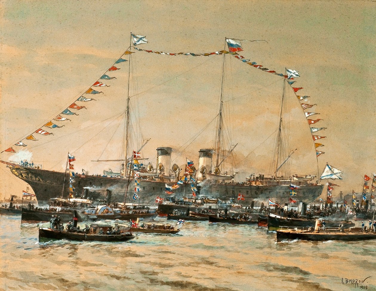 Kaiser Nikolaus II. besucht seine Yacht Polestar, 1908 von Aleksandr Karlovich Beggrov