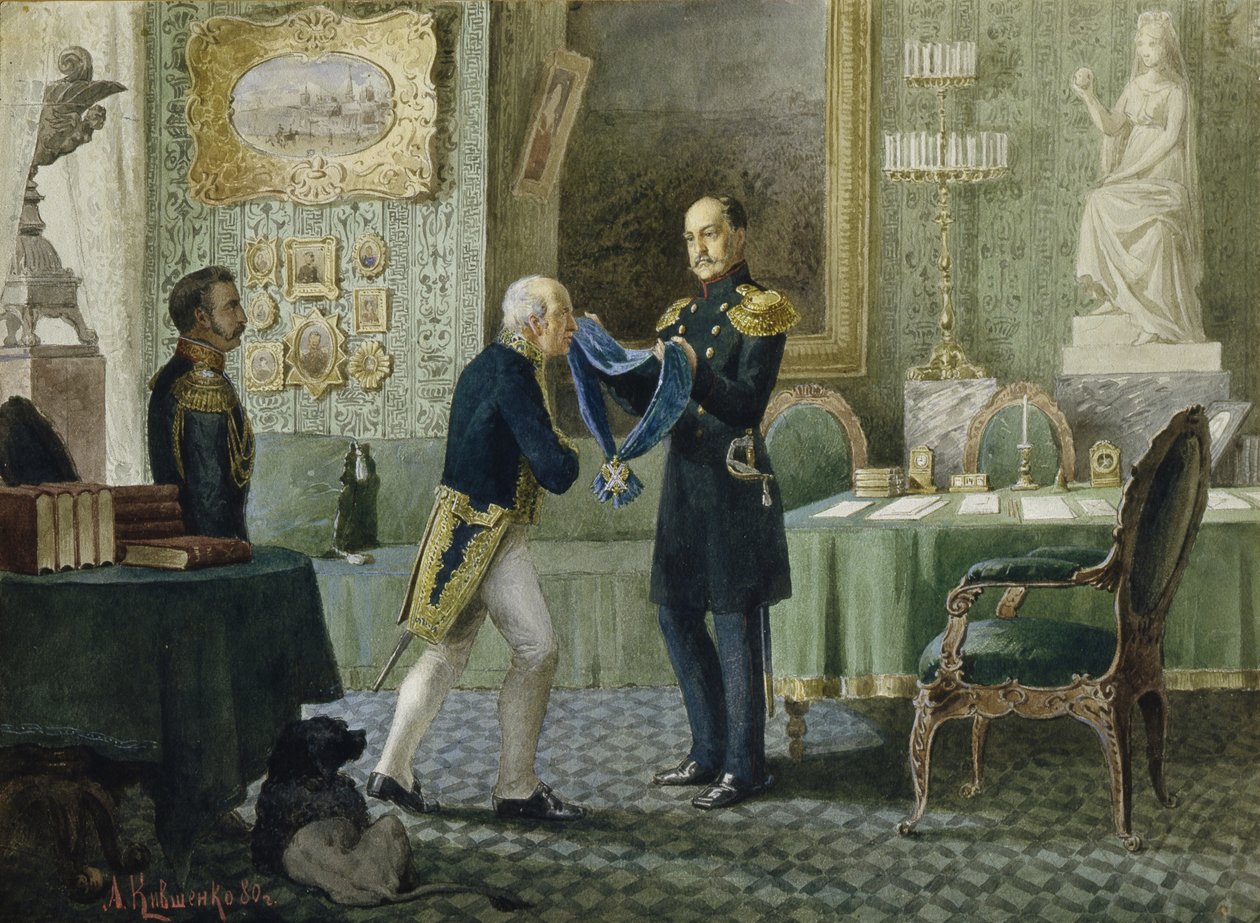 Kaiser Nikolaus I. verleiht das blaue Band des Ordens des Heiligen ...