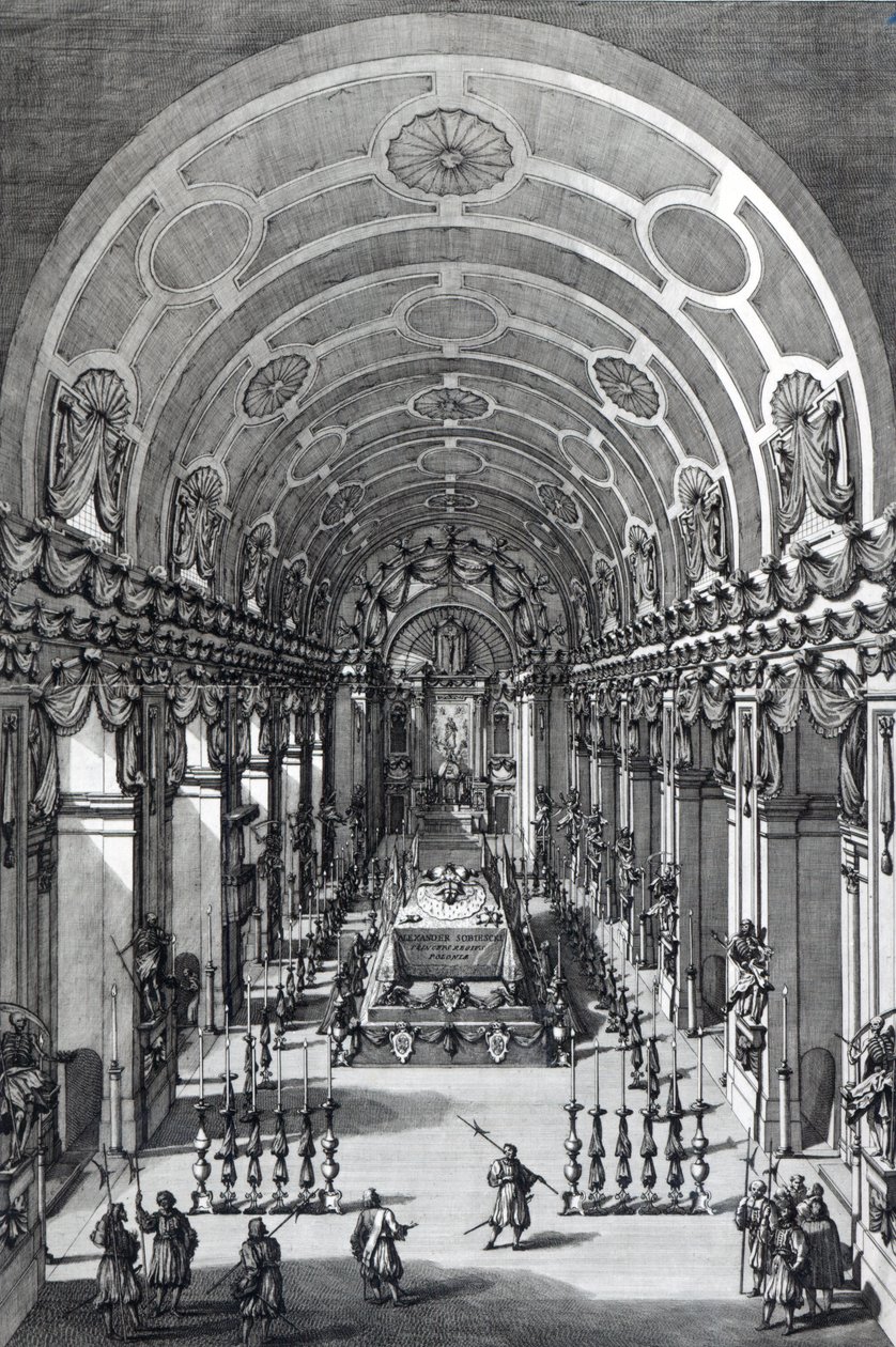 Die Aufbahrung von Alexander Sobieski in der Kapuzinerkirche, Rom, geätzt von Francesco Faraone Aquila, 1714 von Alessandro Specchi