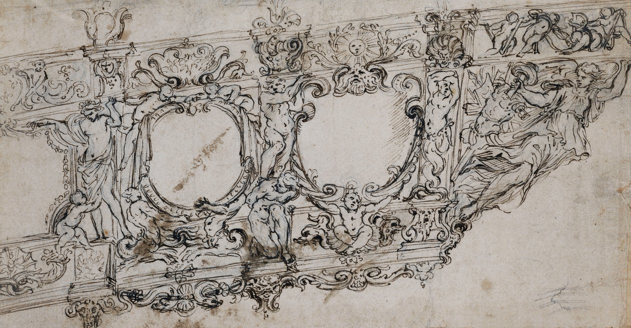 Entwurf für den Bug der Galerie von Papst Urban VIII mit den Barberini-Wappen von Bienen und Sonne, Ignudi, Tritonen, Hippokampen, Putti und einer Allegorie des Sieges als Galionsfigur unter den Buchstaben VRBA In von Alessandro Algardi