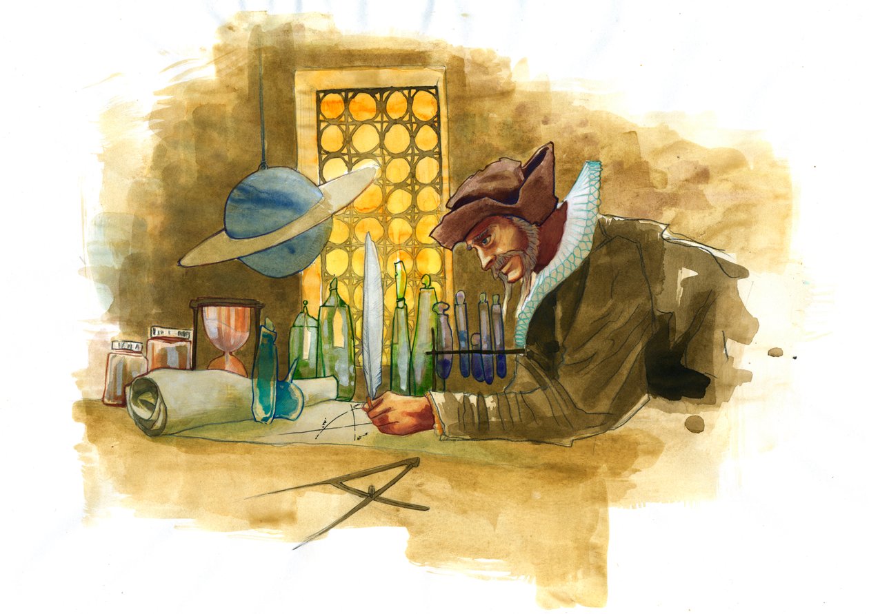 Ein Alchemist in seinem Labor, umgeben von Fläschchen und Destillierapparaten, untersucht den Inhalt eines Fläschchens von Alessandro Lonati