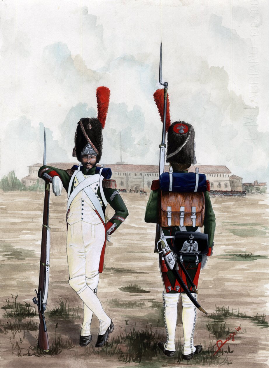 Erstes Kaiserreich (1804-1814 und 1815): Grenadiersoldaten der königlichen Garde der großen napoleonischen Armee auf dem Platz des Sforzesco-Schlosses in Mailand, Italien Zeichnung von Alessandro Lonati von Alessandro Lonati