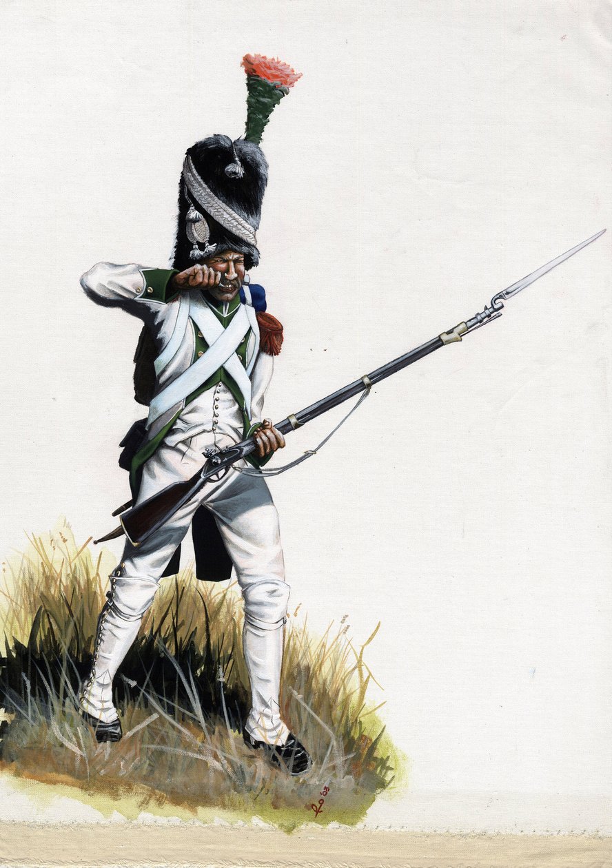 Erstes Kaiserreich (1804-1814 und 1815): Velitesoldat der großen napoleonischen Armee in Italien öffnet eine Patrone Zeichnung von Alessandro Lonati von Alessandro Lonati
