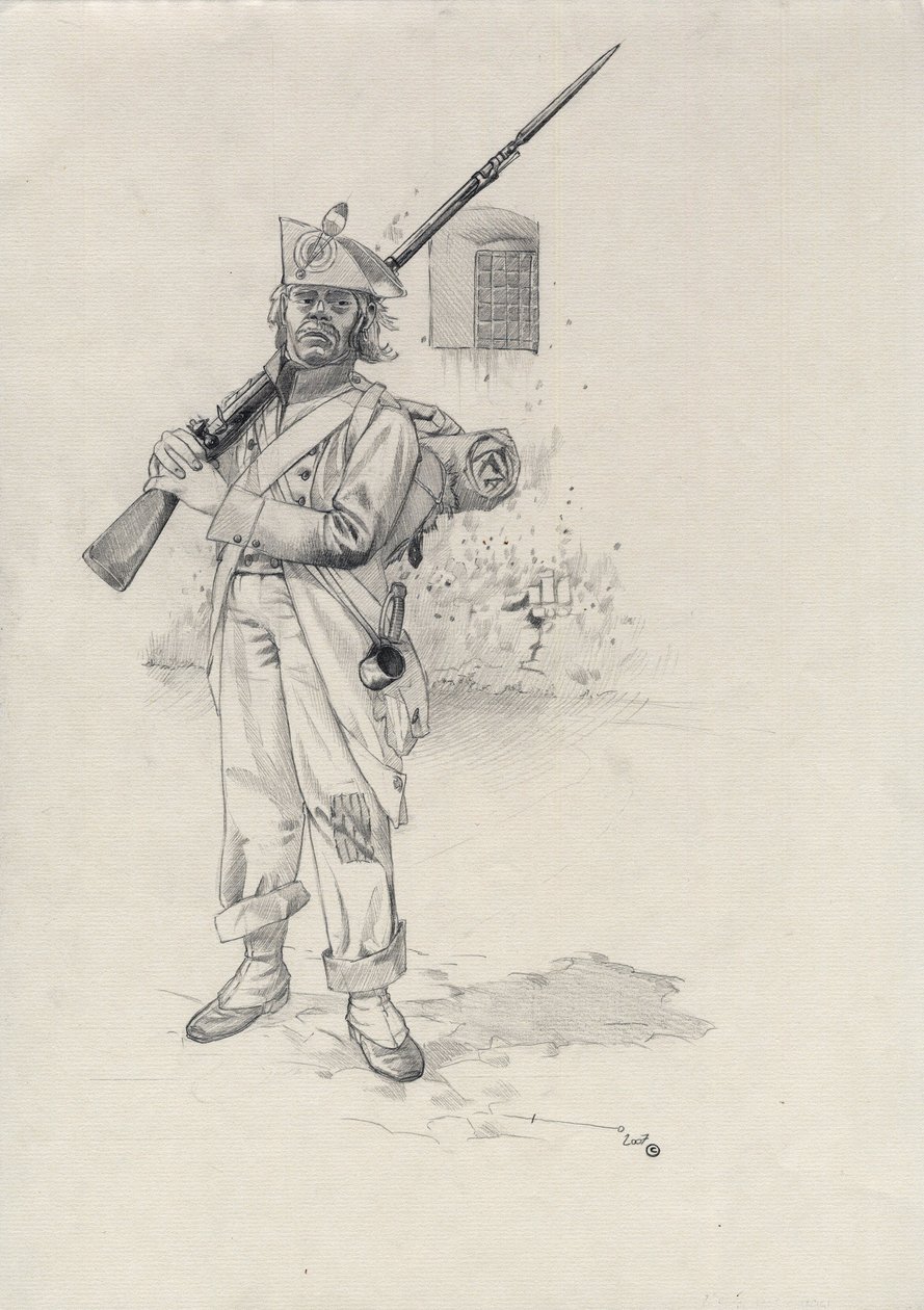 Erstes Kaiserreich (1804-1814 oder 1815): Soldat der napoleonischen Armee, Infanterist einer Brigade von Reitern in einer Festung. Zeichnung von Alessandro Lonati von Alessandro Lonati