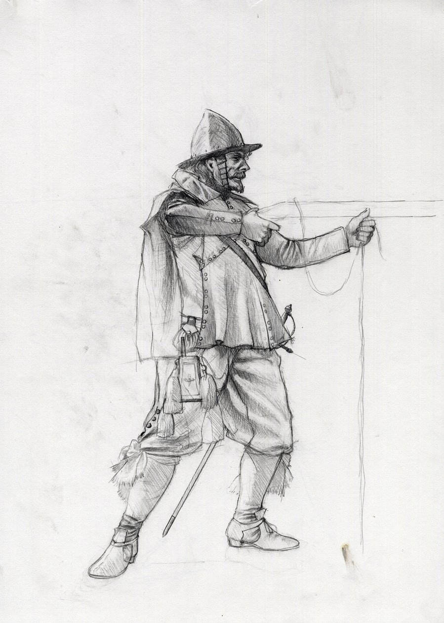 Porträt eines Marinesoldaten des 17. Jahrhunderts in Schussposition Zeichnung von Alessandro Lonati von Alessandro Lonati