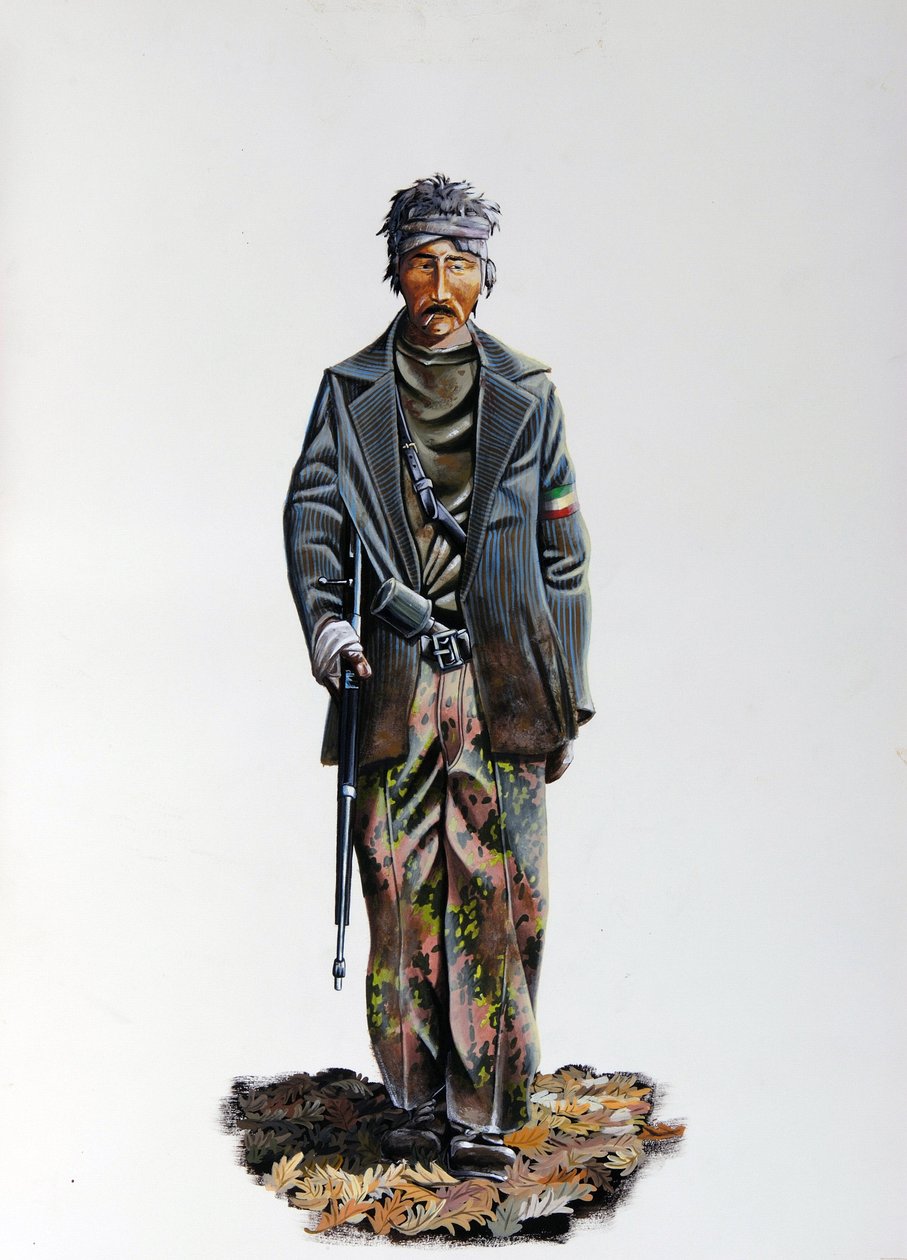 Zweiter Weltkrieg: ein Mitglied des italienischen Widerstands (Resistenza Italiana) in Tarnanzug und mit Maschinengewehr. 1943-1945. Illustration von Alessandro Lonati von Alessandro Lonati