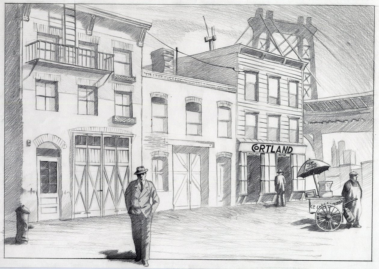 Vereinigte Staaten, New York: Blick auf eine Straße aus einem Stadtviertel der 1950er Jahre. Zeichnung von Alessandro Lonati von Alessandro Lonati