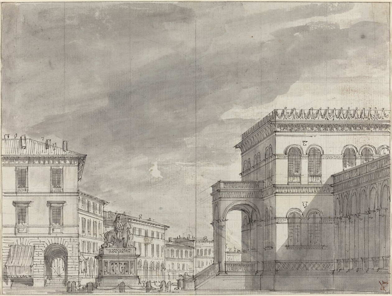 Piazza mit einem Reiterdenkmal und einem Palast von Alessandro Sanquirico
