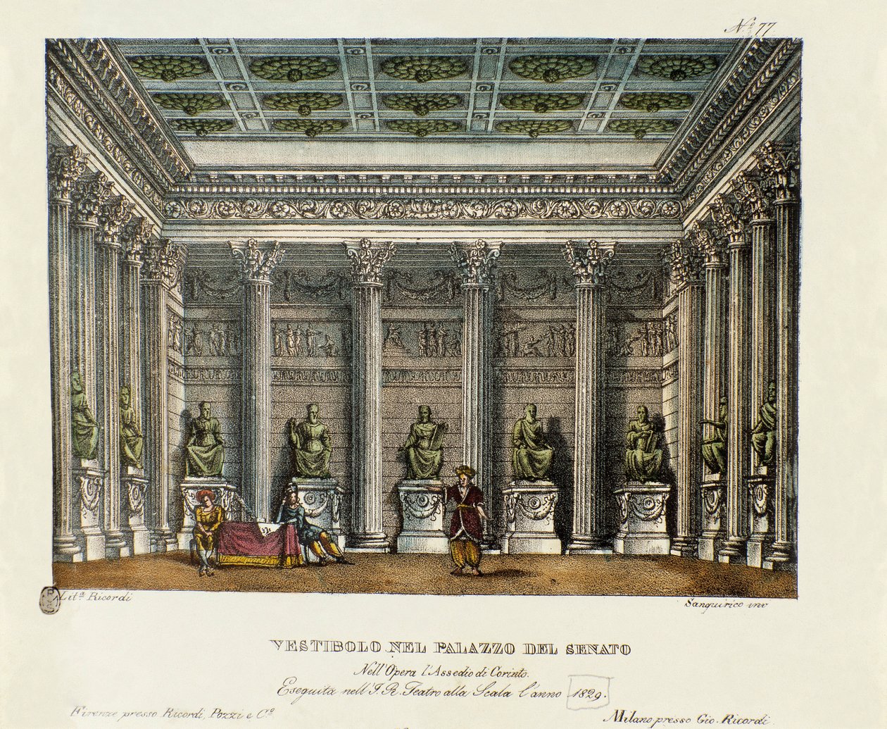 Das Vestibül des Palastes des Senats (Akt I). Szenografie für die Aufführung der Oper „Die Belagerung von Korinth“ (1826) von Gioacchino Rossini. Lithografie in „Raccolta di invenzioni sceniche del 1830 di Alessandro Sanquirico“ von Alessandro Sanquirico
