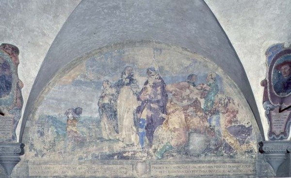 St. Antoninus predigt einem Kaufmann, den er vor einem schrecklichen Sturm gerettet hat, Lünette von Alessandro Tiarini