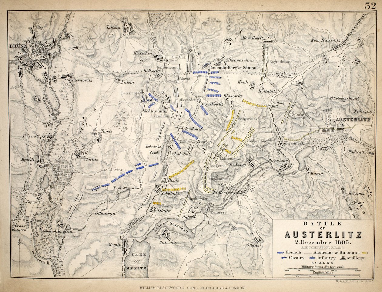 Karte der Schlacht von Austerlitz, veröffentlicht von William Blackwood and Sons, Edinburgh und London, 1848 von Alexander Keith Johnston