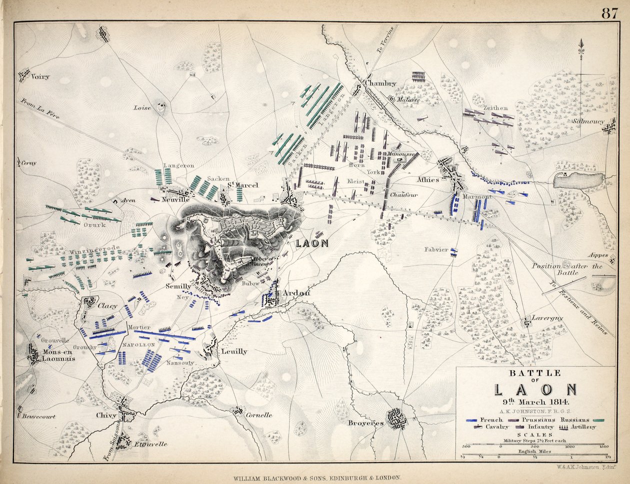Karte der Schlacht von Laon, veröffentlicht von William Blackwood and Sons, Edinburgh und London, 1848 von Alexander Keith Johnston