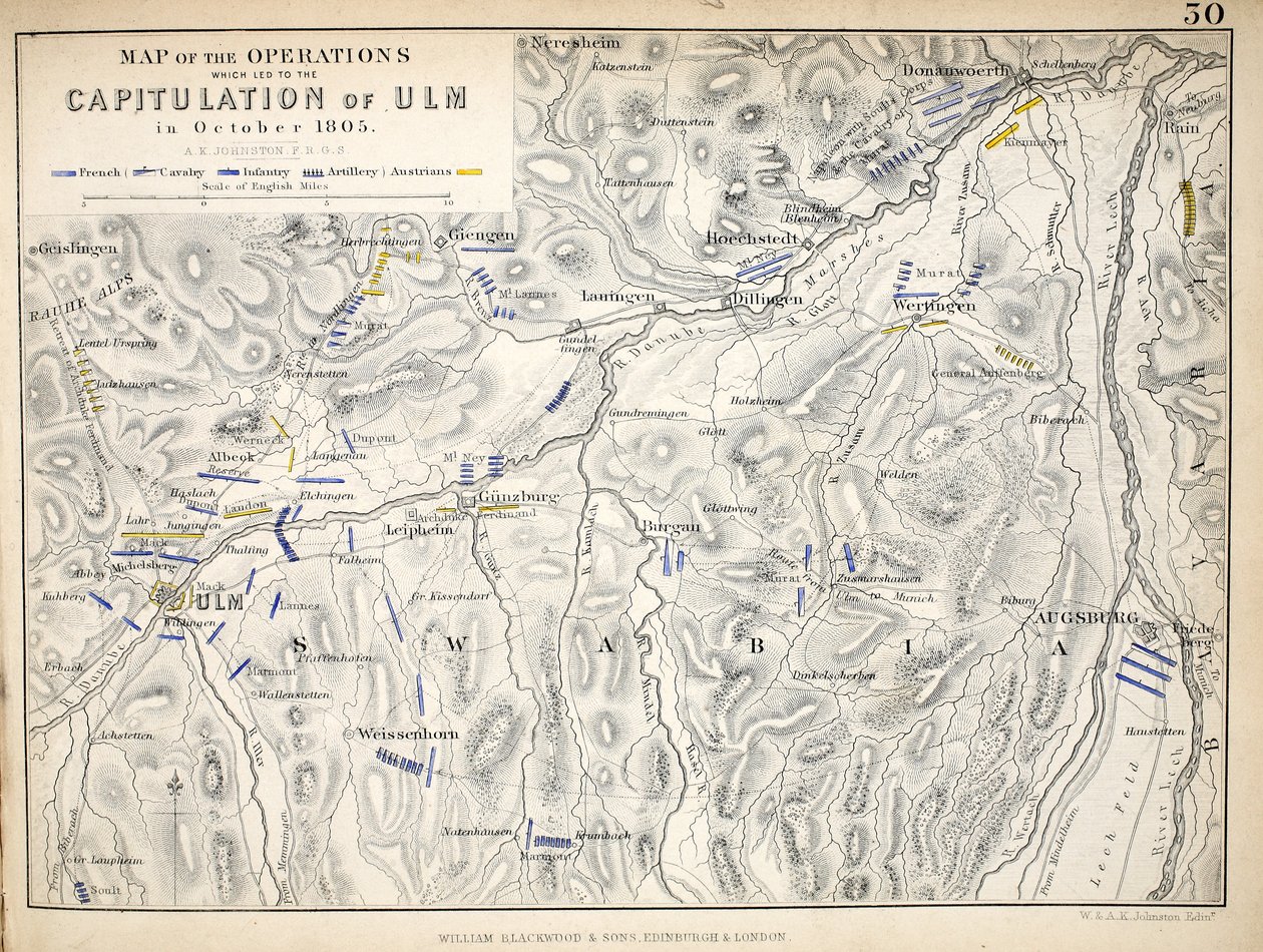 Karte der Operationen, die zur Kapitulation von Ulm führten, veröffentlicht von William Blackwood and Sons, Edinburgh und London, 1848 von Alexander Keith Johnston