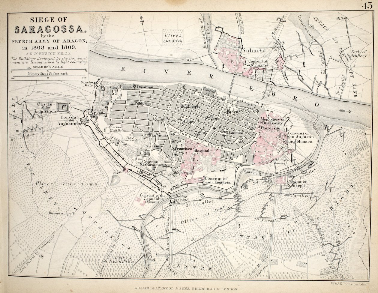 Karte der Belagerung von Saragossa, veröffentlicht von William Blackwood and Sons, Edinburgh und London, 1848 von Alexander Keith Johnston