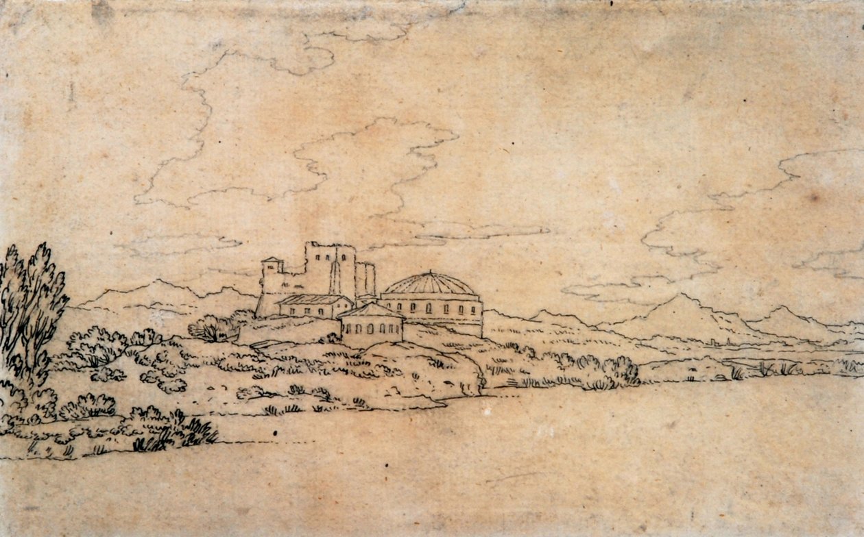 Italienische Landschaft mit Kuppelgebäude von Alexander Cozens
