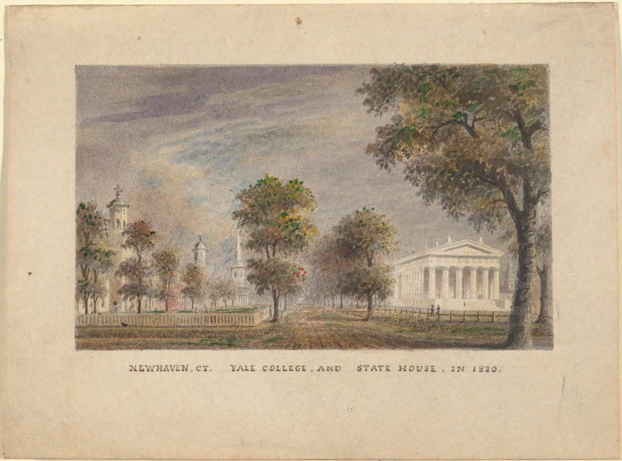 New Haven CT. Yale College und State House im Jahr 1830 von Alexander Jackson Davis