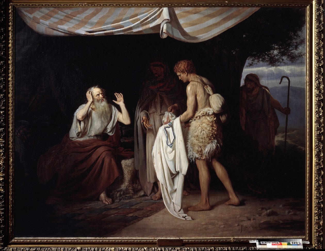 Josephs blutiger Mantel wird Jakob gebracht. Nachdem sie ihren Bruder Joseph aus Eifersucht auf die Vorliebe ihres Vaters für Joseph in die Sklaverei nach Ägypten verkauft hatten, präsentieren die Brüder seinen Mantel Jakob, um von Alexander Nikanorovich Novoskoltsev
