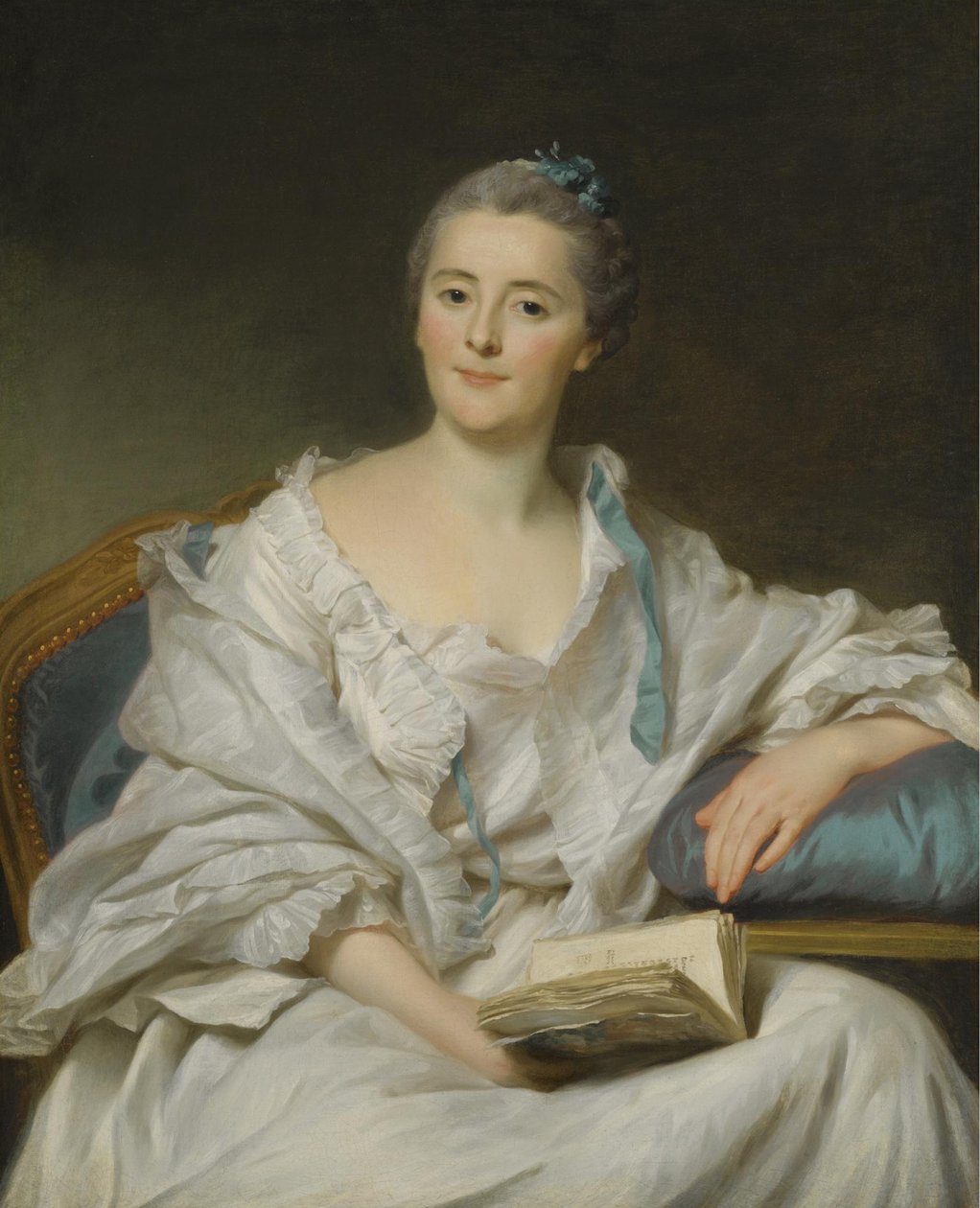 Porträt von Marie-Françoise Julie Constance Filleul, Marquise de Marigny mit einem Buch von Alexander Roslin