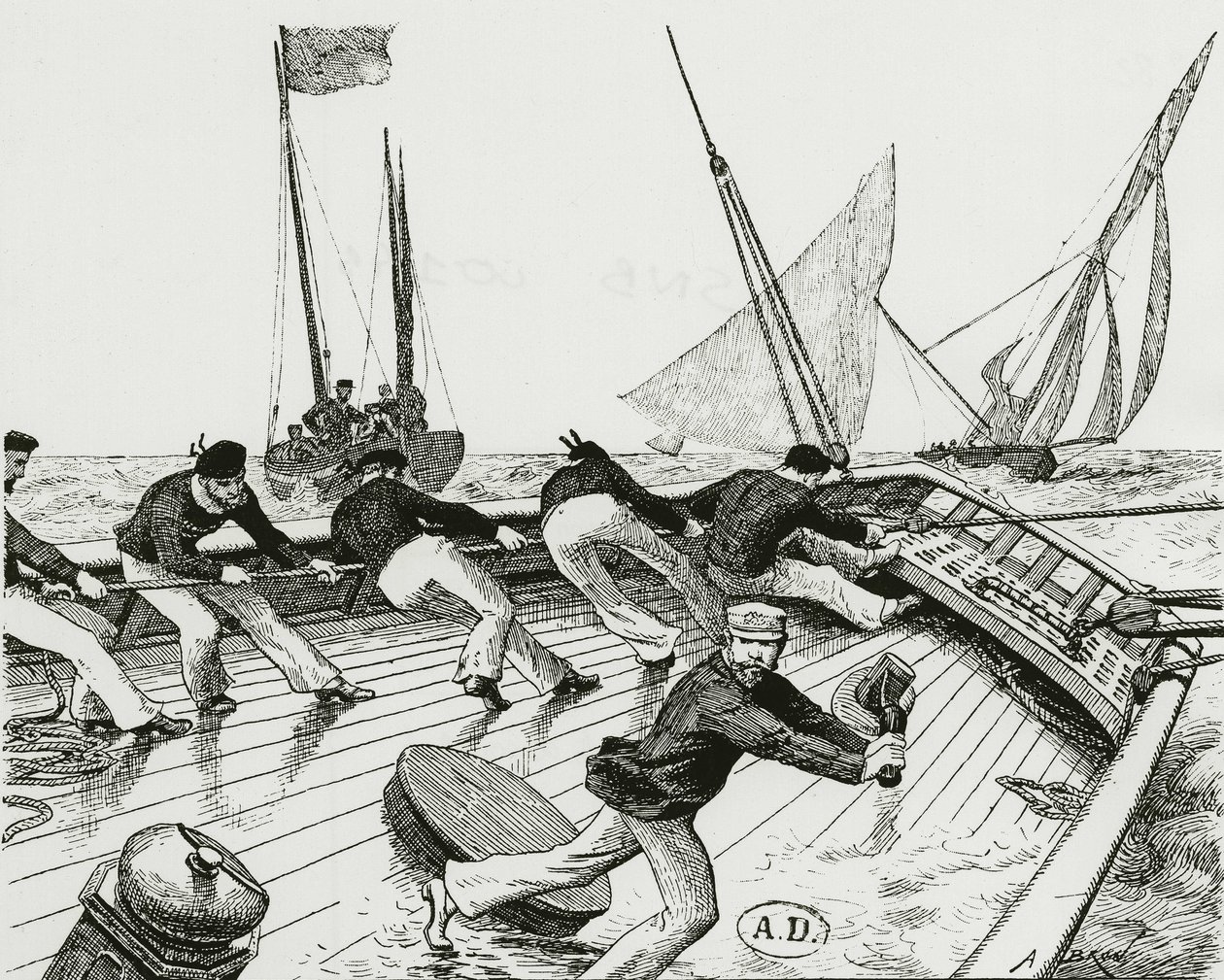 Segelrennen: Le turn du Bateau-Buoée - Zeichnung von A. Brun, Bibl. des Arts Deco von Alexandre Brun