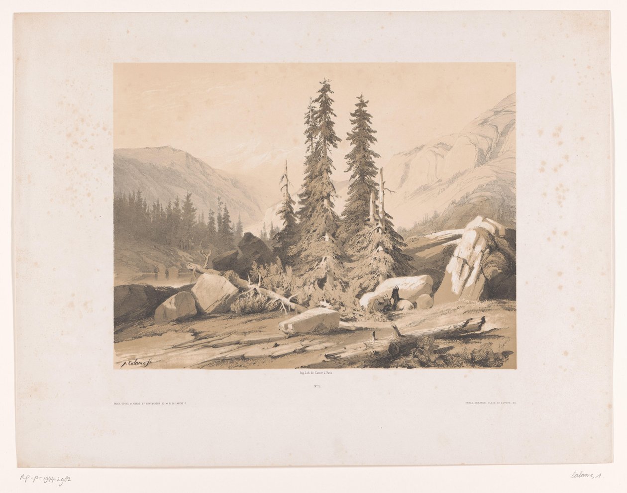 Berglandschaft mit Tannen und Bergziegen von Alexandre Calame