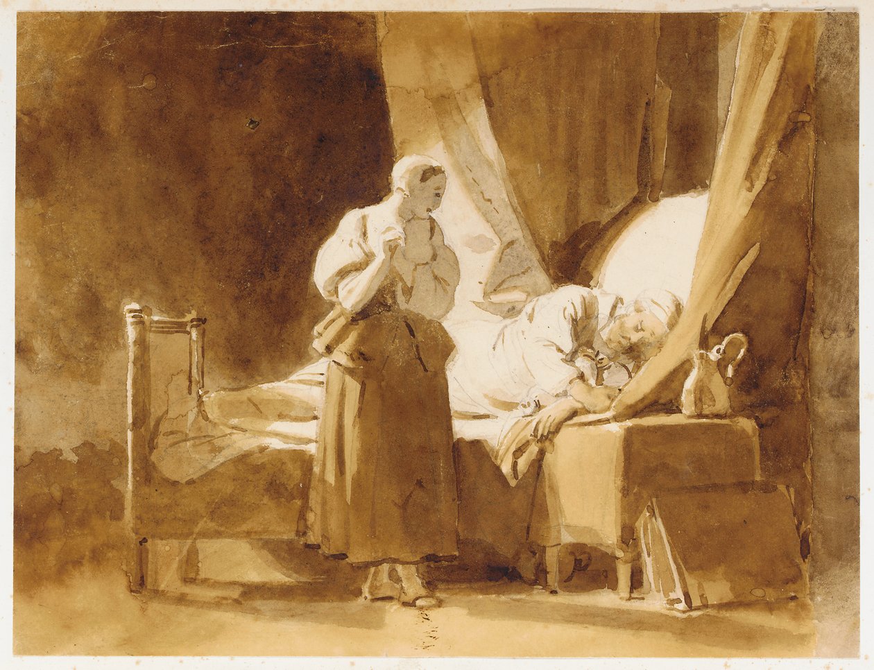 Eine Frau betrachtet einen schlafenden Mann von Alexandre Evariste Fragonard