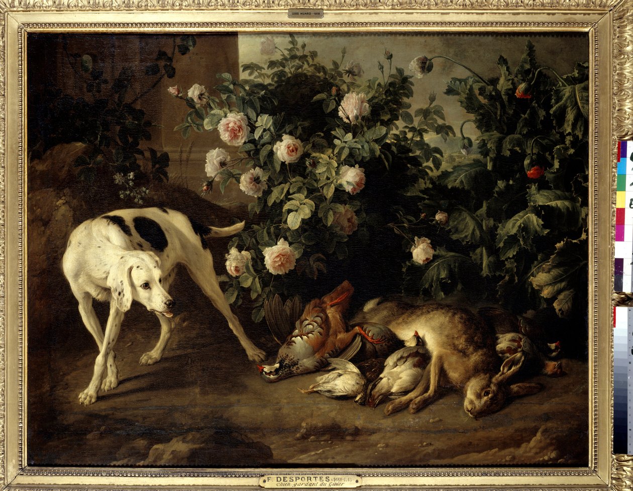 Hund bewacht Wild in der Nähe eines Rosenstrauchs von Alexandre Francois Desportes