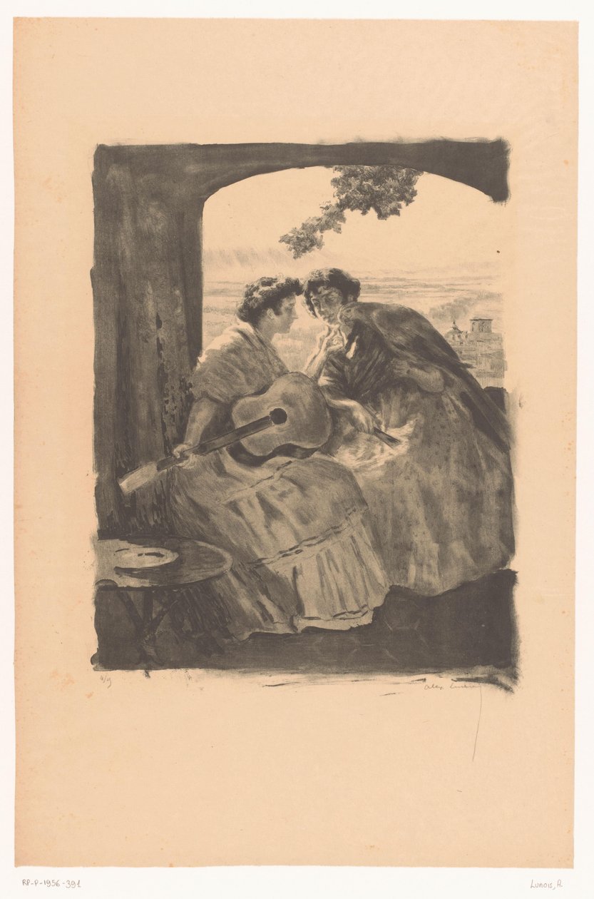 Zwei spanische Frauen mit Gitarre und einem Papagei von Alexandre Lunois (signed by artist)