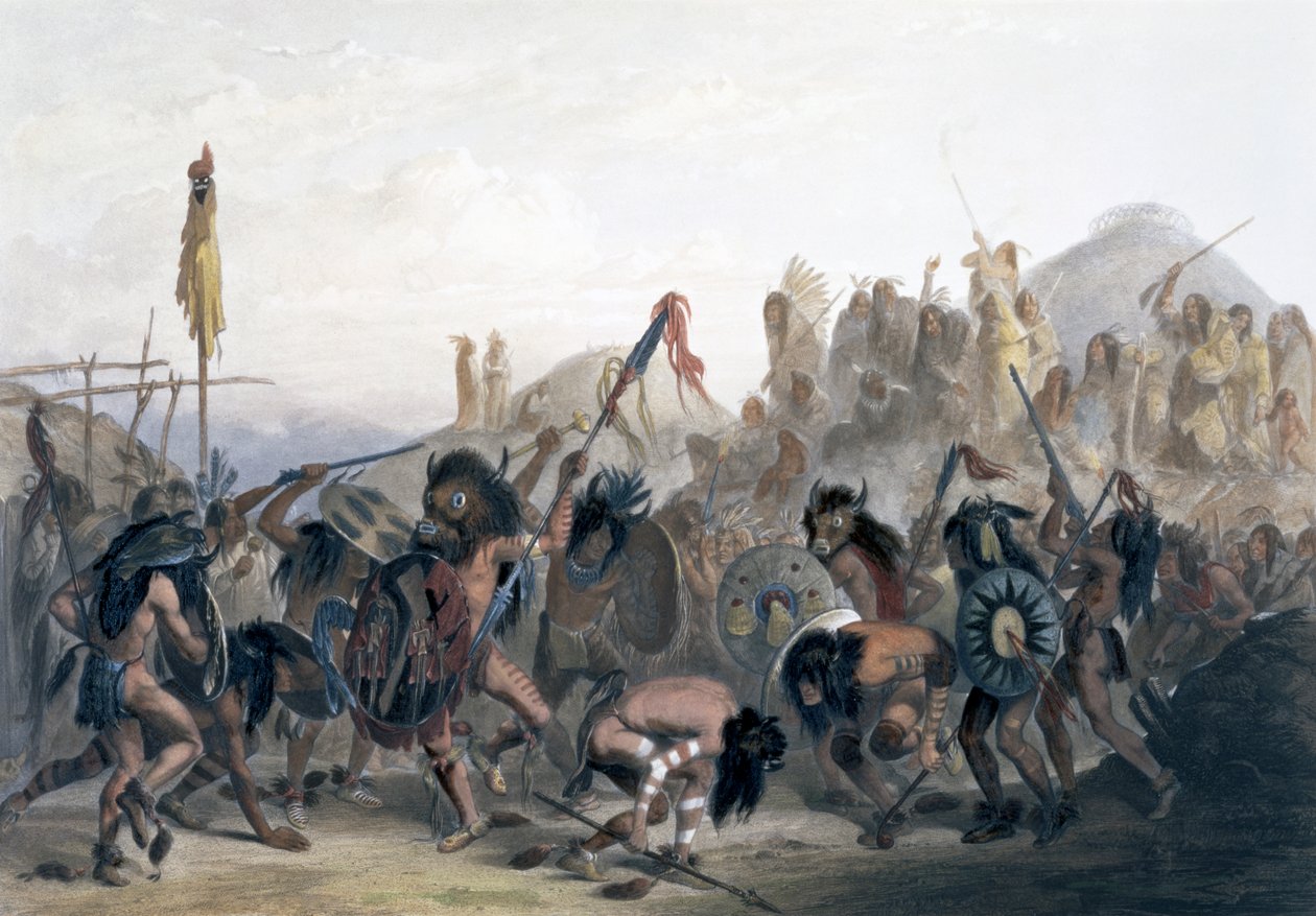 Bison-Tanz der Mandan-Indianer vor ihrer Medizin-Lodge in Mih-Tutta-Hankush, 1843 von Alexandre Manceau
