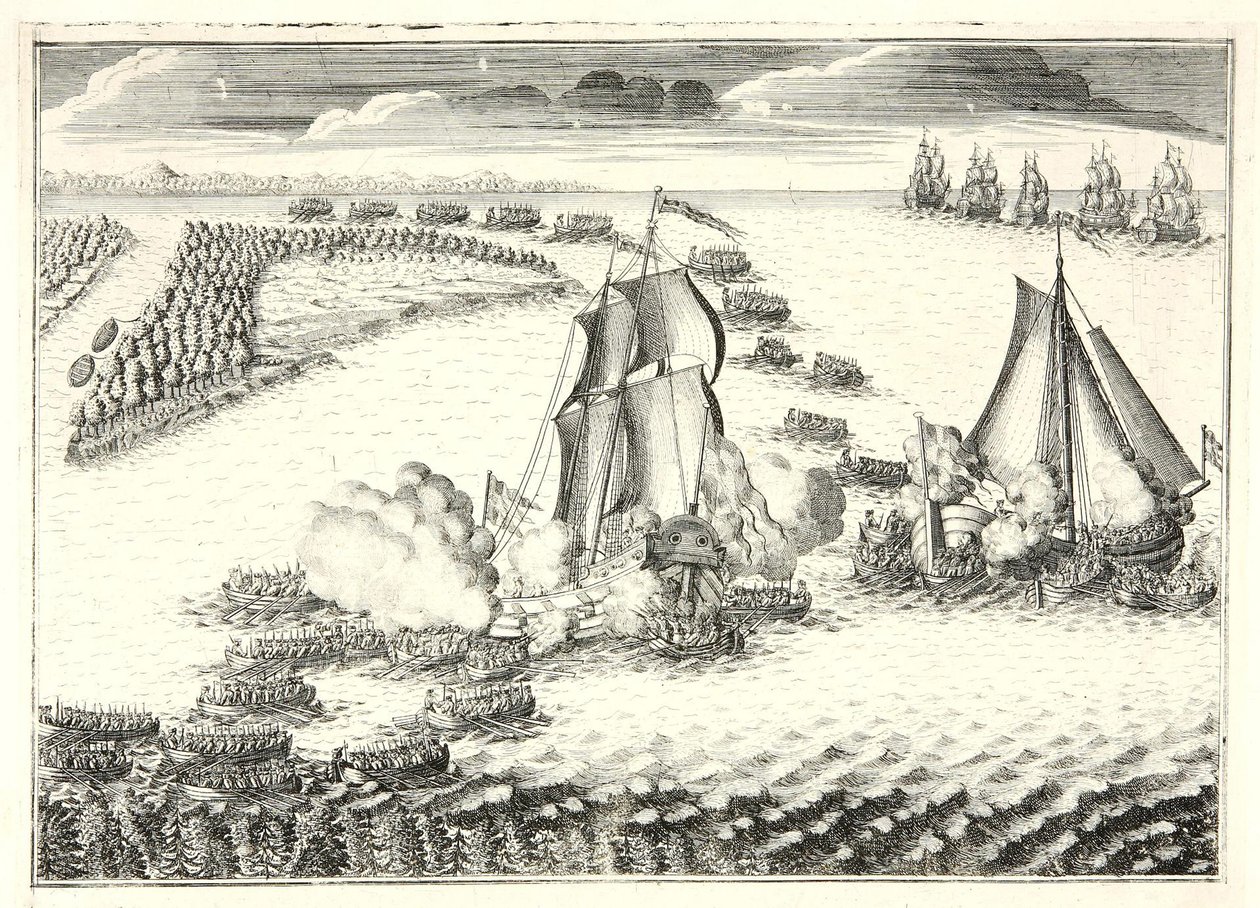 Die Schlacht an der Mündung der Newa am 18. Mai 1703, 1720er von Alexei Fyodorovich Zubov