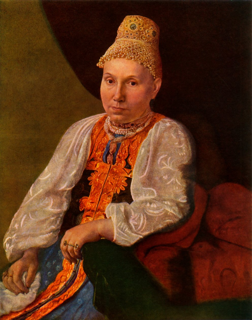 Porträt der Frau von Obraztsov, dem Kaufmann aus Rshev, 1830er Jahre, 1965 von Alexey Venetsianov