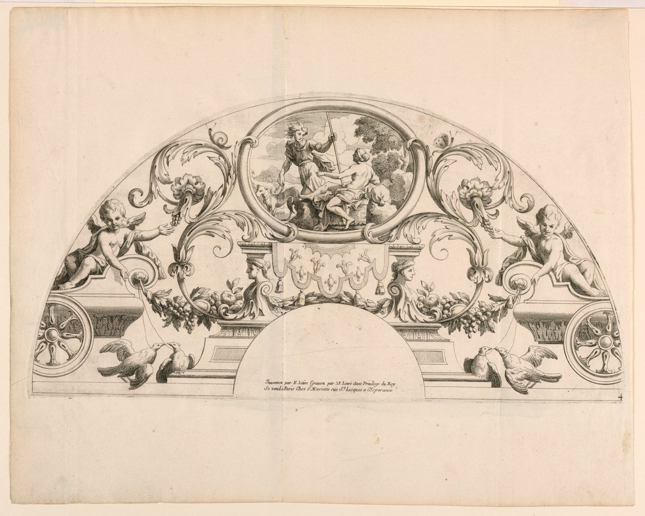 Fächerblätter, Dritte und vierte Platte des Sets, "Verschiedene Designs von großen Fächern, Bildschirmen und anderen Ornamenten, erfunden und graviert von Nicolas Loire" von Alexis Loir