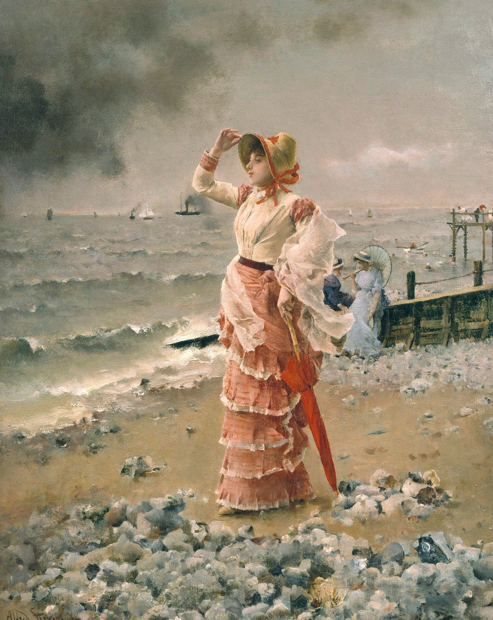 Elegante Frau sieht ein Dampfschiff von Alfred Emile Stevens