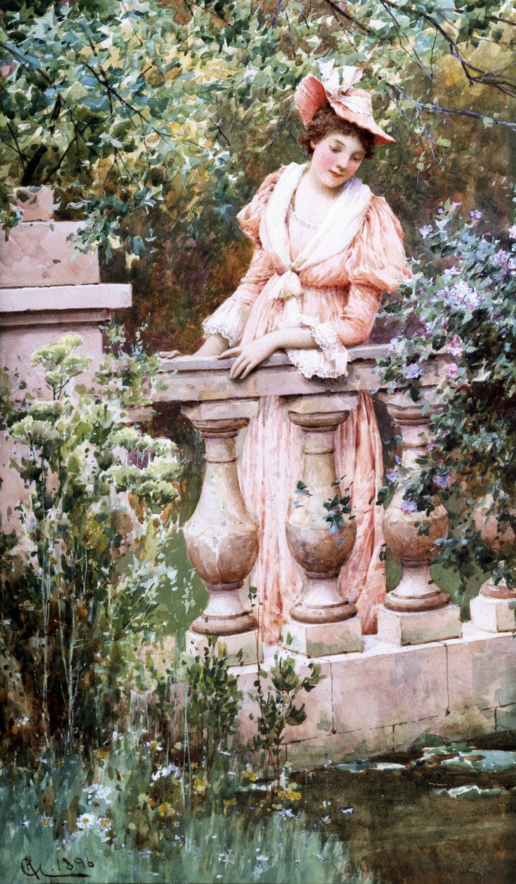 Freizeitmomente. Eine elegante Frau schaut auf ein Becken, gestützt auf eine Balustrade. Sammlung Privée von Alfred Augustus Glendening