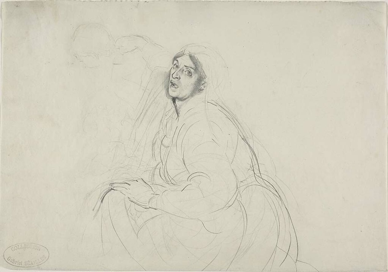 Sitzende Frau und Skizze einer sich bückenden Figur von Alfred Dehodencq