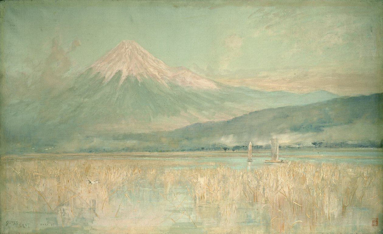 Morgendämmerung auf dem heiligen Berg, der Fuji halb verdeckt von Wolken, 1889 von Alfred East