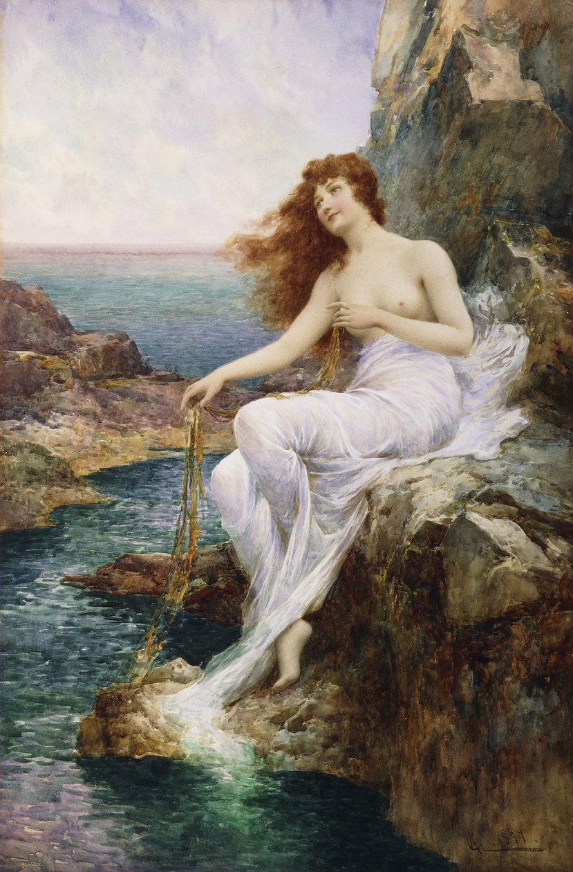 Eine Meeresnymphe sitzt auf einem Felsen mit einem Band aus Seetang, 1897 von Alfred Glendening