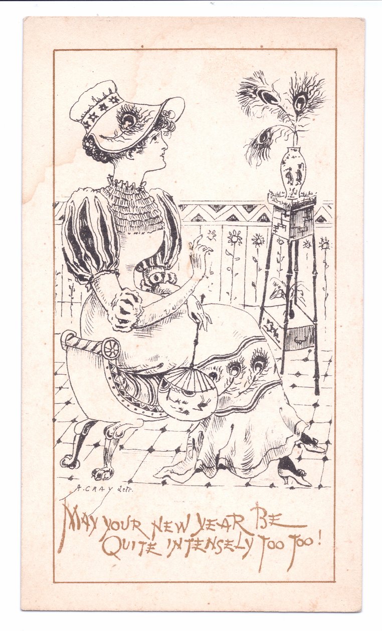Viktorianische Neujahrskarte eines Ästheten, der eine Vase mit Pfauenfedern bewundert, ca. 1881 (monochrom) von Alfred Gray