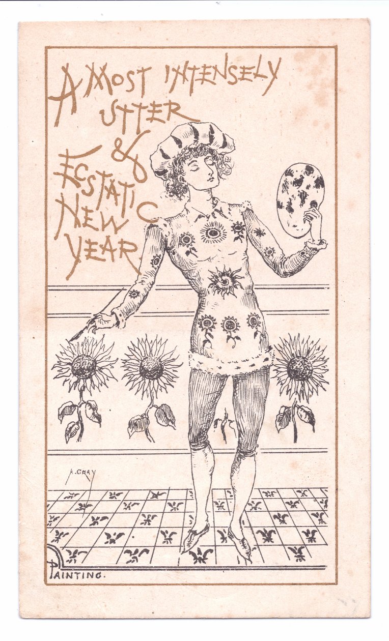 Viktorianische Neujahrskarte von einem ästhetischen Künstler beim Malen, ca. 1881 von Alfred Gray