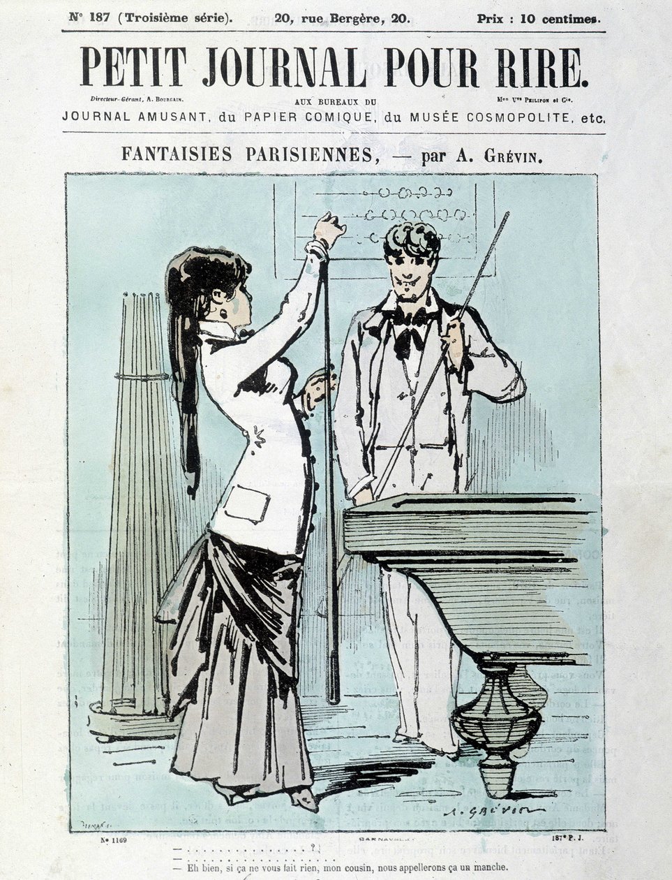 Pariser Fantasien von A. Grévin: Nun, wenn es Ihnen nichts ausmacht, meine Cousine, nennen wir es einen Ärmel. Billardspieler - Titelblatt des „Kleinen Tagebuchs zum Lachen“ vom Dez. 1903 von Alfred Grevin
