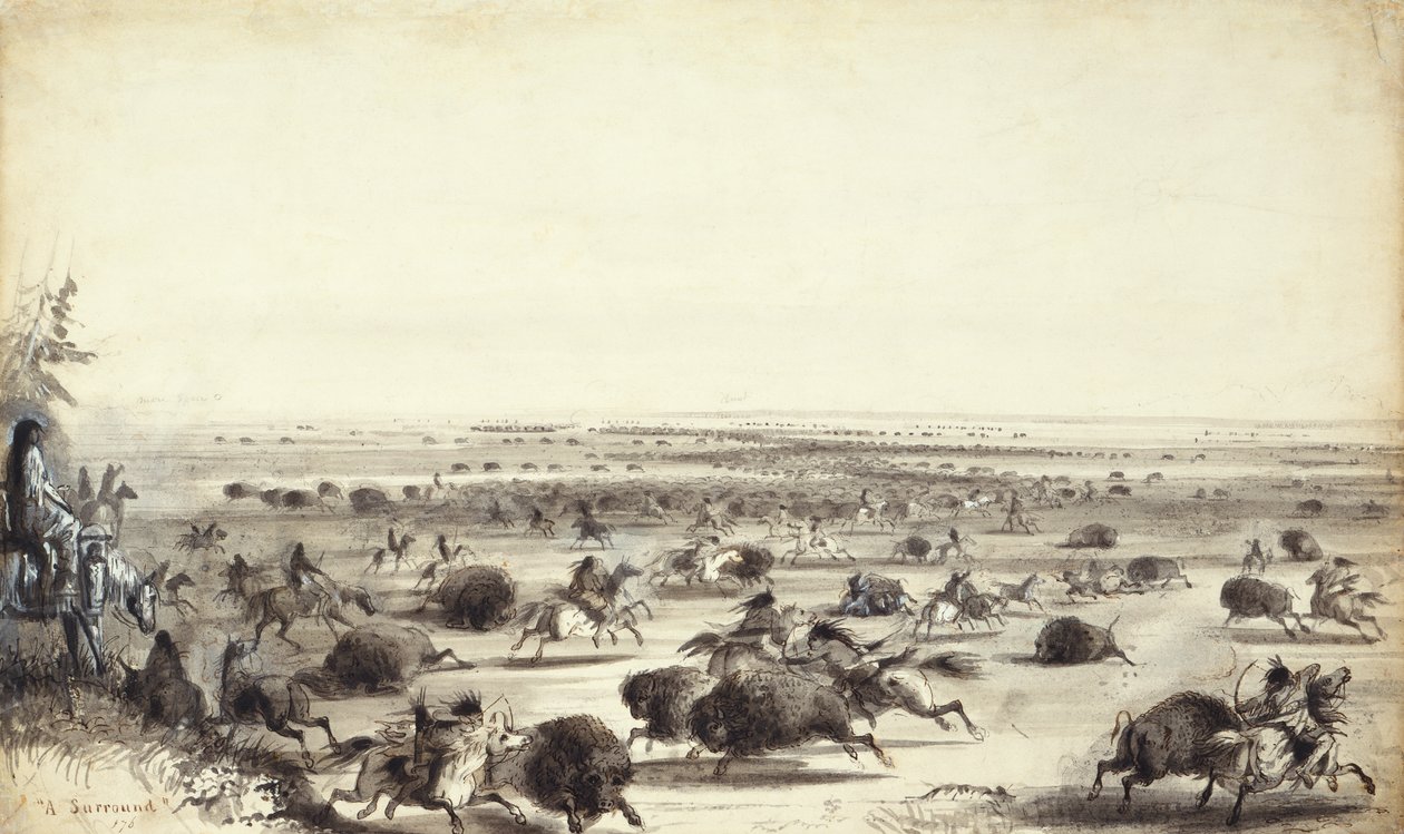Eine „Umzingelung“ von Büffeln durch Indianer, ca. 1858 von Alfred Jacob Miller