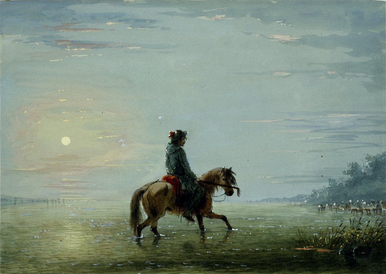Flussüberquerung - Trapper prüft die Tiefe von Alfred Jacob Miller